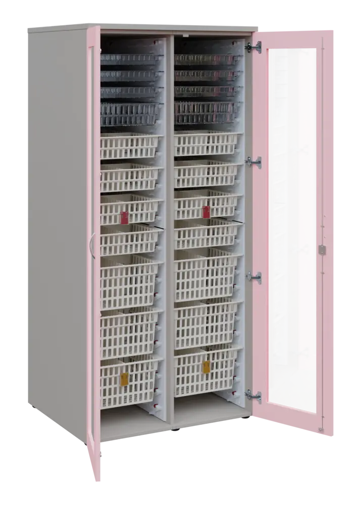 EUROMEDICA S - 90 skříň léková boxová, 2-dveřová/prosklená, 1950x900x735, korpus šedý, dvířka pastelově růžová